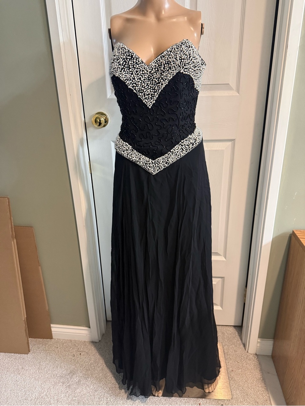 Vintage 90s Y2K NWT Silk Beaded Maxi Dress Strapless Gown Black White Made USA